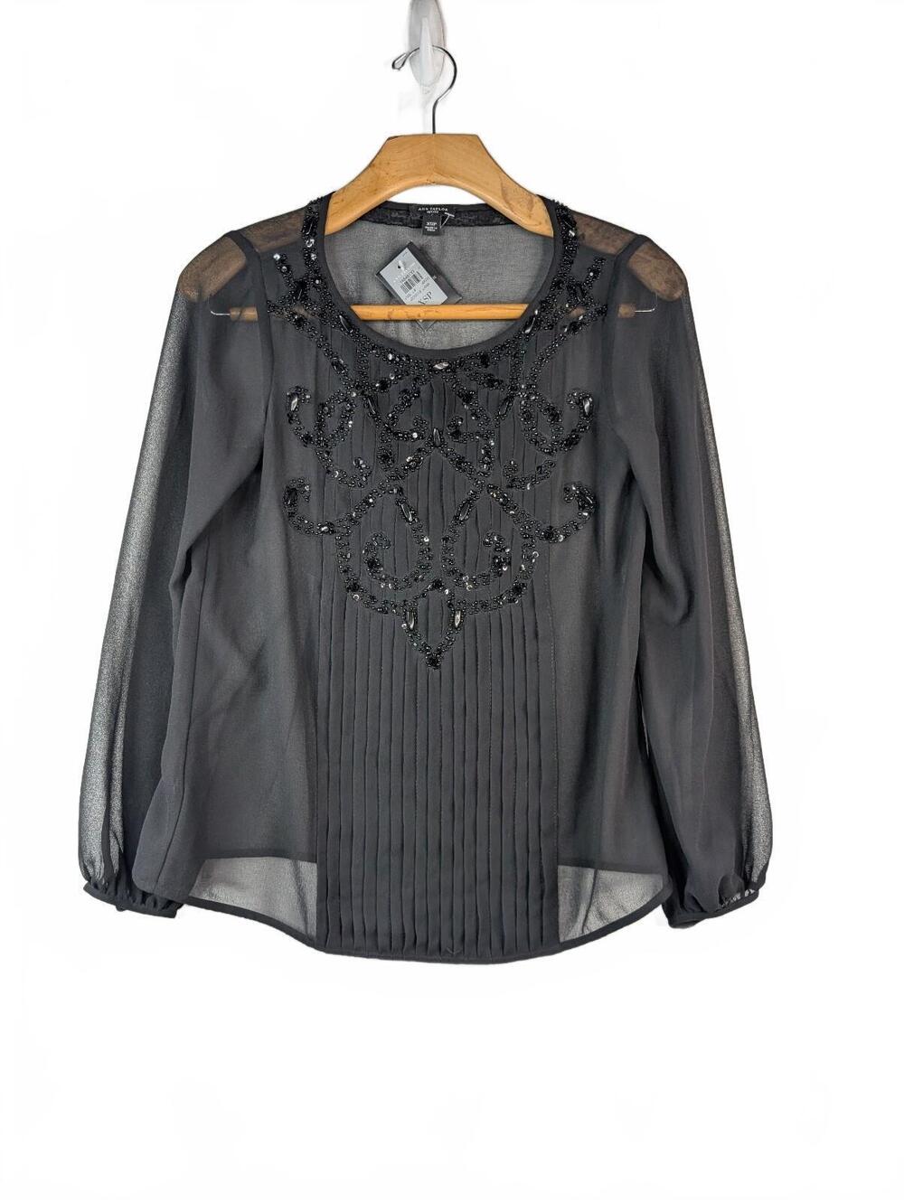 NWT Ann Taylor Petite Black Beaded Sheer Blouse with Pleating, Size XSP